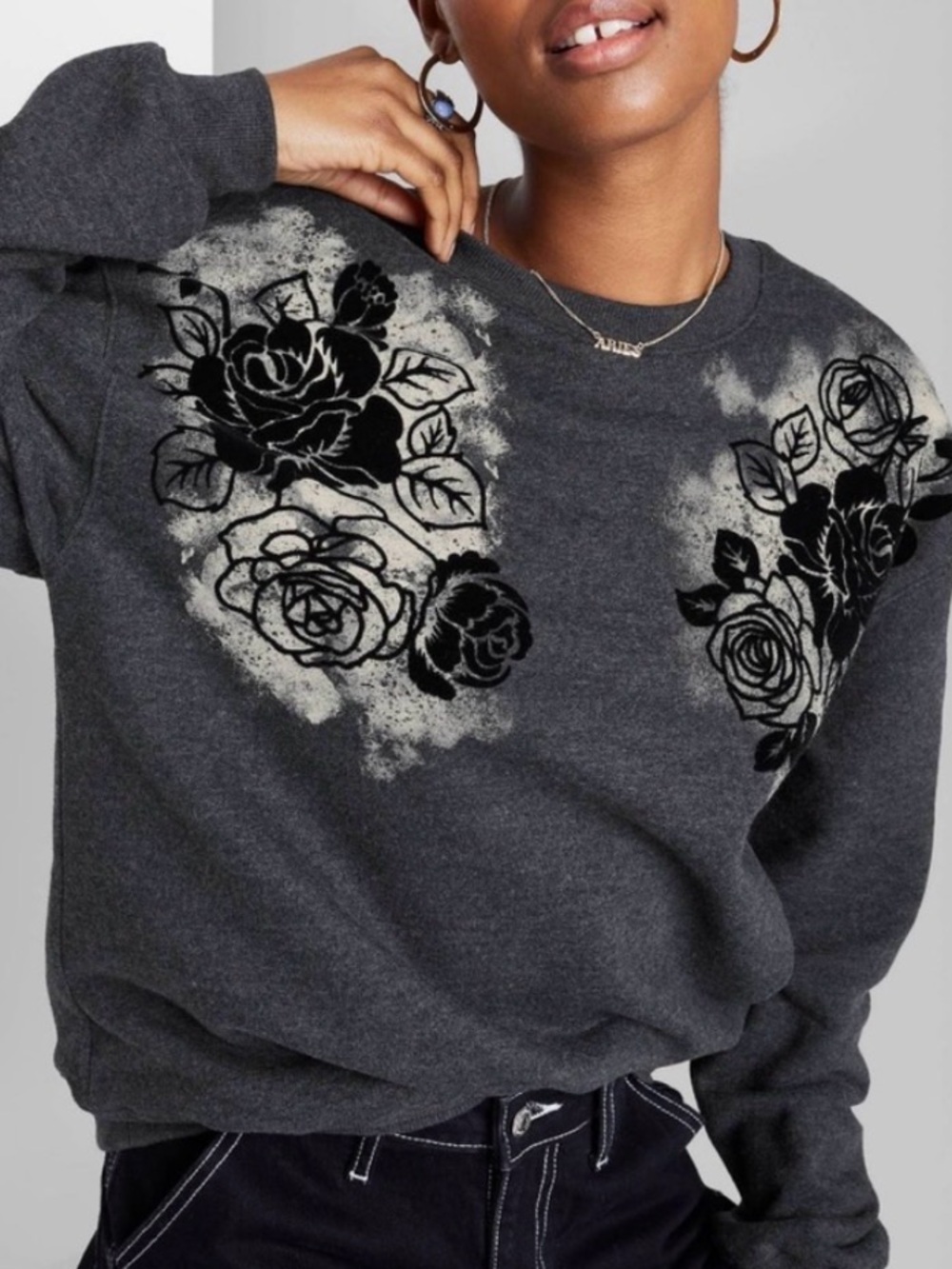 Gray Floral Sweatshirt Black Floral Boho Large Wild Fable